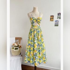 Boho Lemon Print Cami Dress Cut Out Twisted Midi Dress